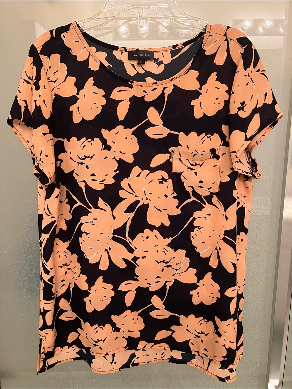 The Limited Black Top with Peach Floral Print Short Sleeve